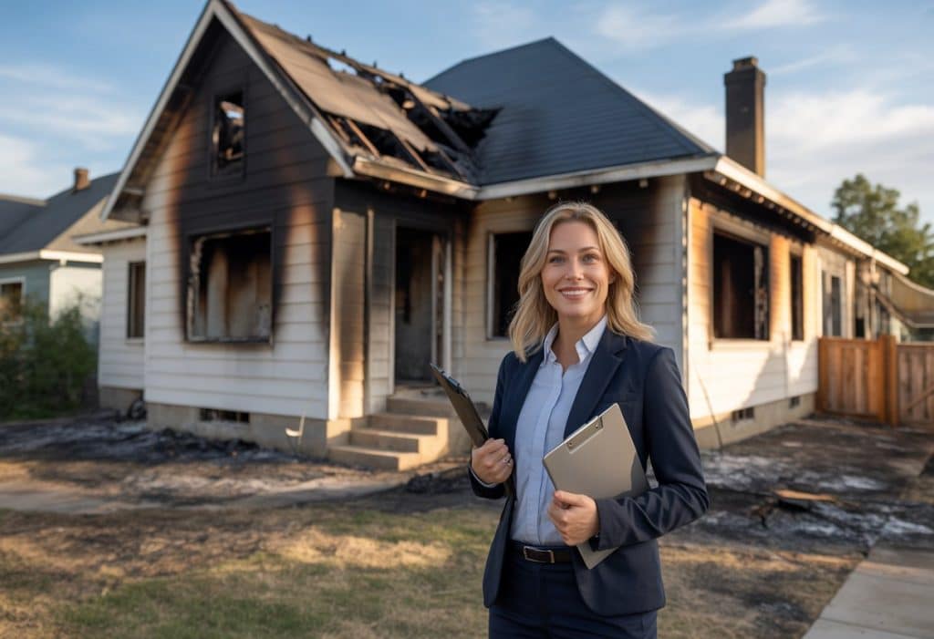 Real estate agent outside a fire-damaged house in Kansas City MO